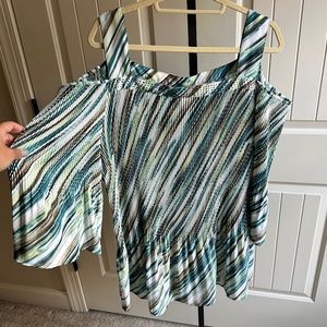 Catherines Plus Size Jade/Green/Brown/Cream Pleated Open Shoulder Top 2X